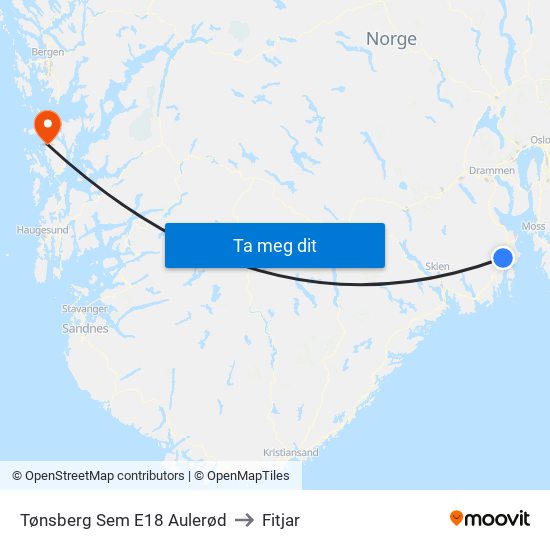 Tønsberg Sem E18 Aulerød to Fitjar map