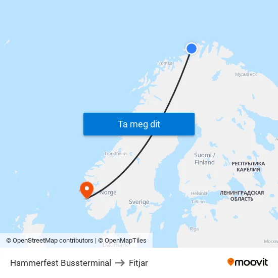 Hammerfest Bussterminal to Fitjar map