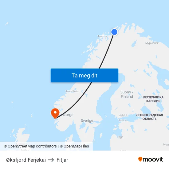 Øksfjord Ferjekai to Fitjar map
