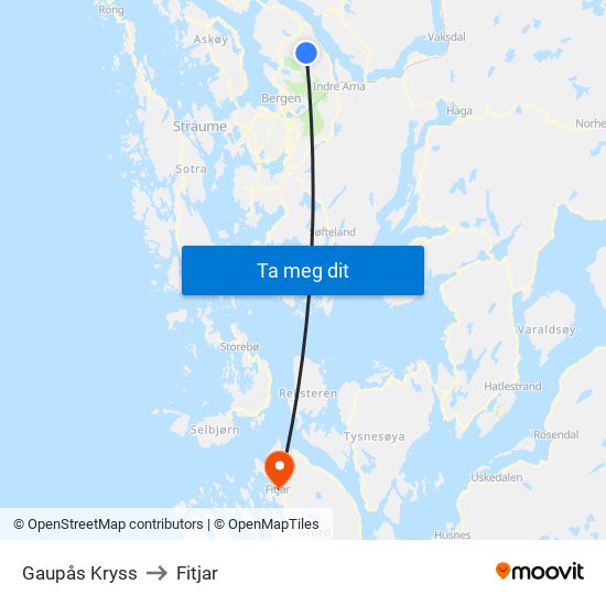 Gaupås Kryss to Fitjar map