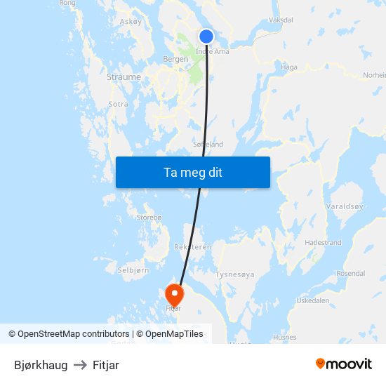Bjørkhaug to Fitjar map