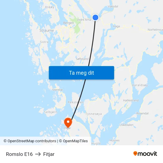 Romslo E16 to Fitjar map