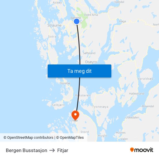 Bergen Busstasjon to Fitjar map