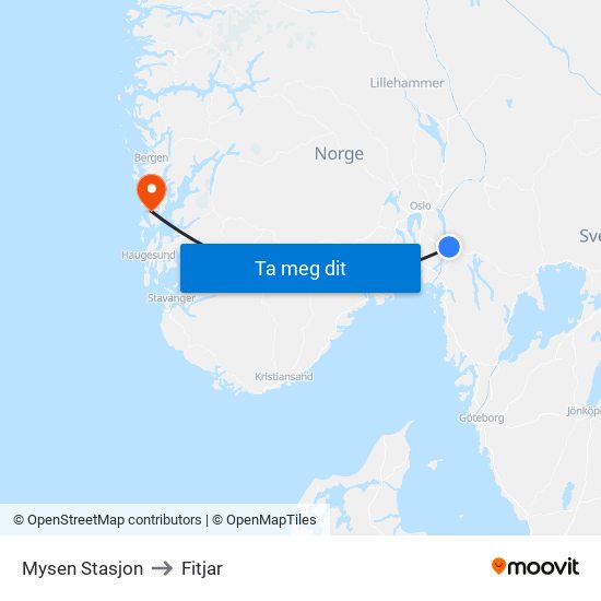 Mysen Stasjon to Fitjar map