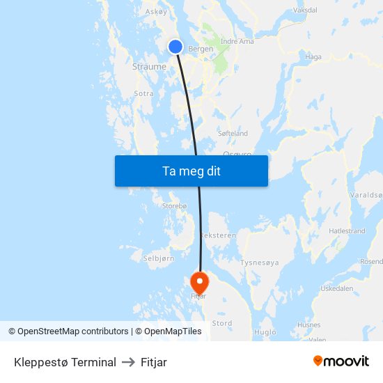 Kleppestø Terminal to Fitjar map