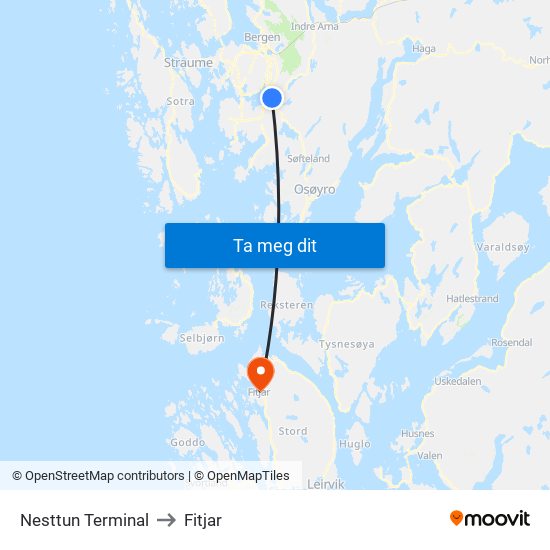 Nesttun Terminal to Fitjar map