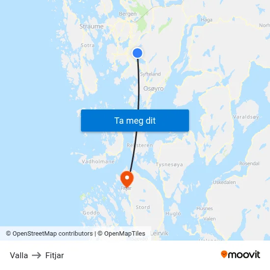 Valla to Fitjar map