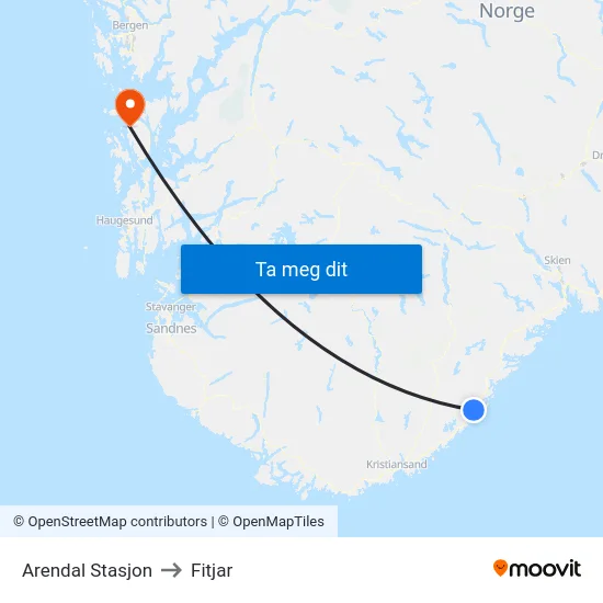 Arendal Stasjon to Fitjar map