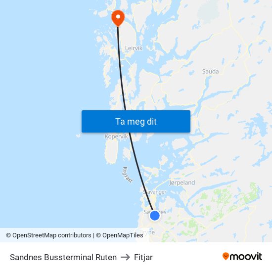 Sandnes Bussterminal Ruten to Fitjar map