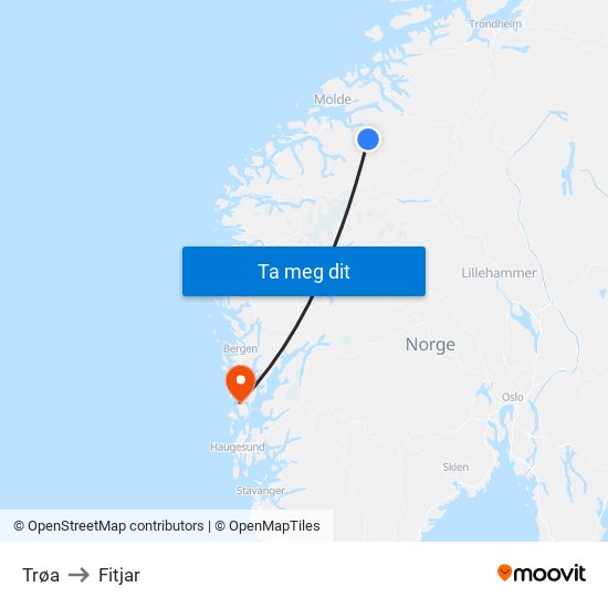 Trøa to Fitjar map