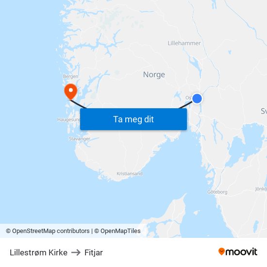 Lillestrøm Kirke to Fitjar map