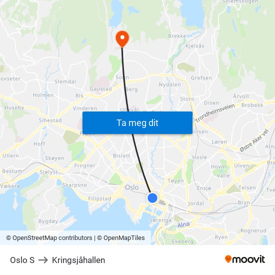 Oslo S to Kringsjåhallen map