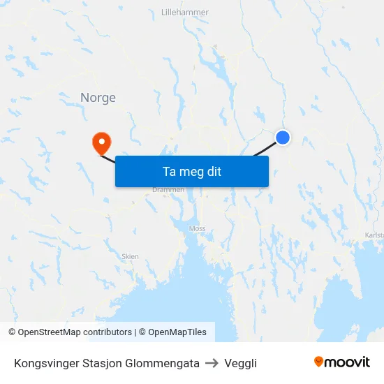 Kongsvinger Stasjon Glommengata to Veggli map