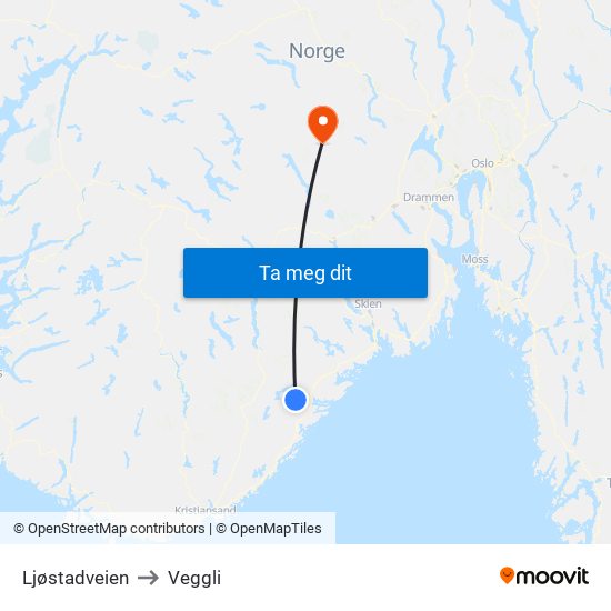 Ljøstadveien to Veggli map