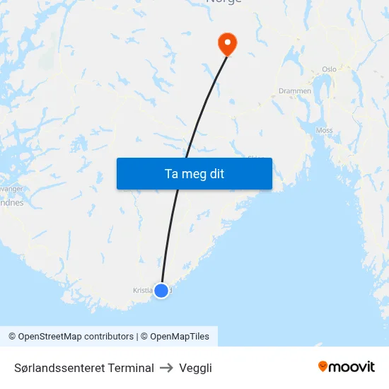 Sørlandssenteret Terminal to Veggli map