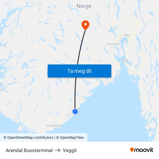 Arendal Bussterminal to Veggli map