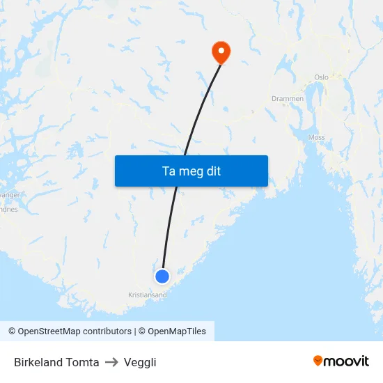 Birkeland Tomta to Veggli map