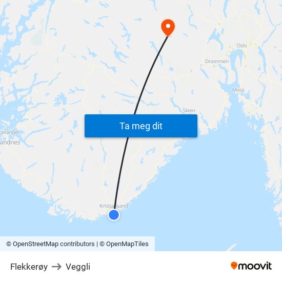 Flekkerøy to Veggli map