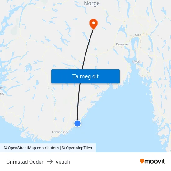 Grimstad Odden to Veggli map