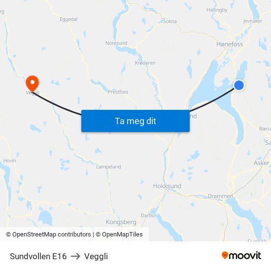 Sundvollen E16 to Veggli map