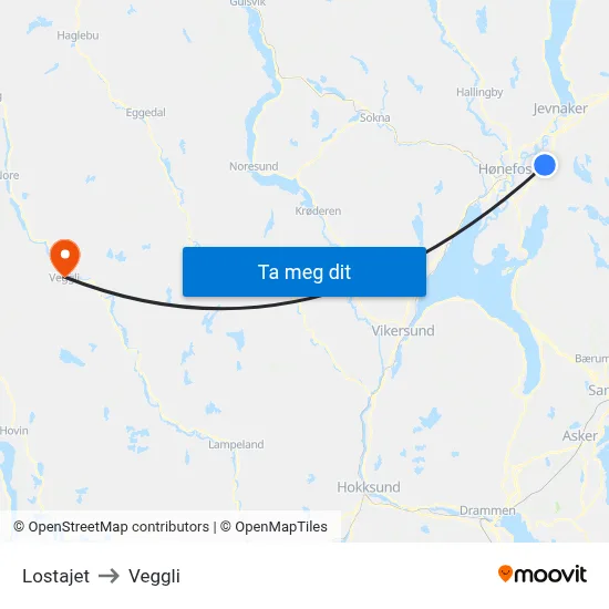 Lostajet to Veggli map
