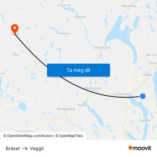 Bråset to Veggli map