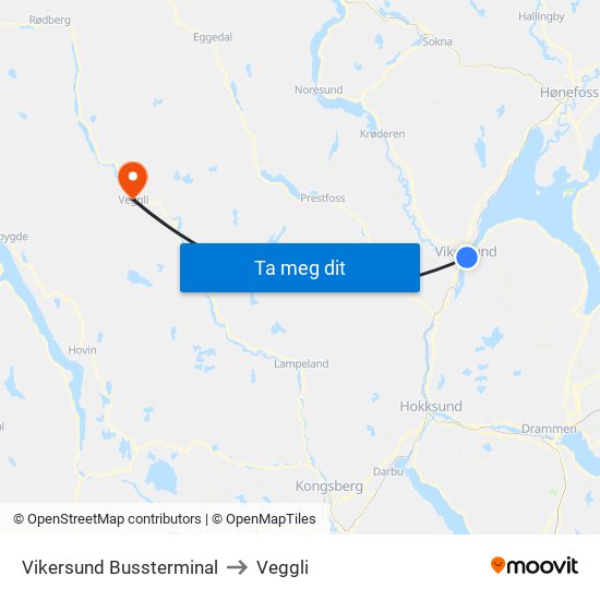 Vikersund Bussterminal to Veggli map