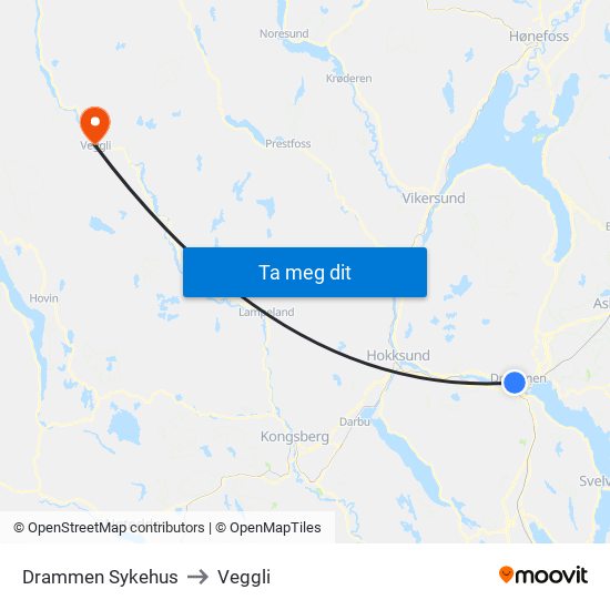 Drammen Sykehus to Veggli map