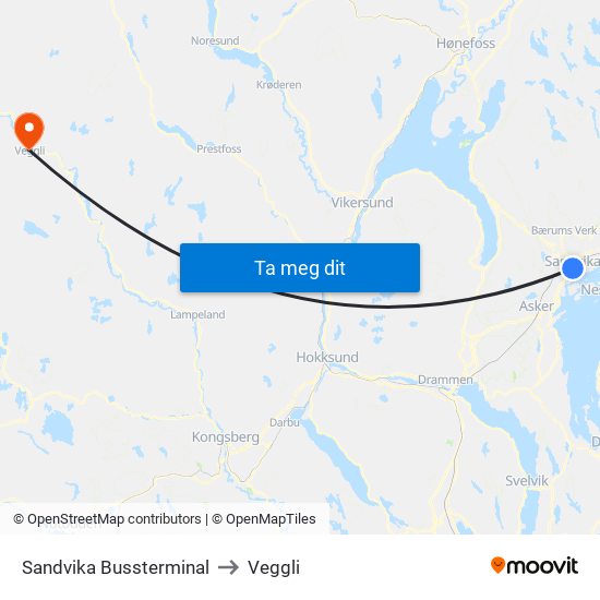Sandvika Bussterminal to Veggli map