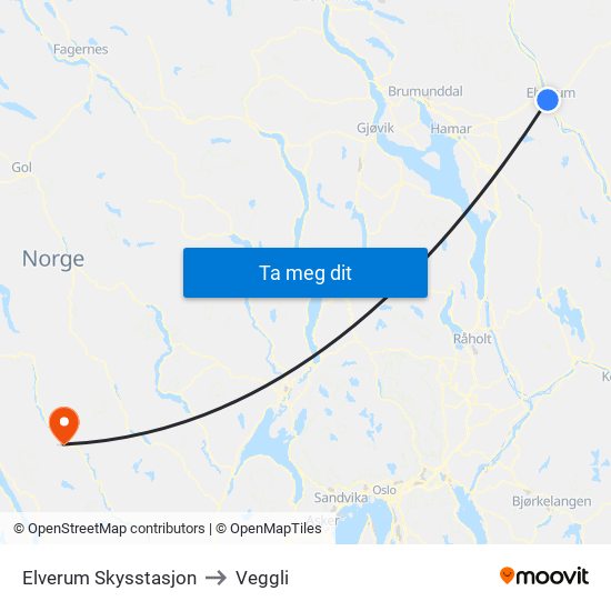Elverum Skysstasjon to Veggli map