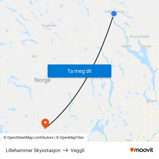 Lillehammer Skysstasjon to Veggli map