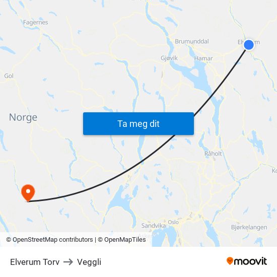 Elverum Torv to Veggli map