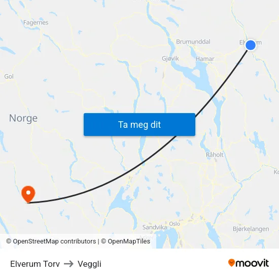 Elverum Torv to Veggli map