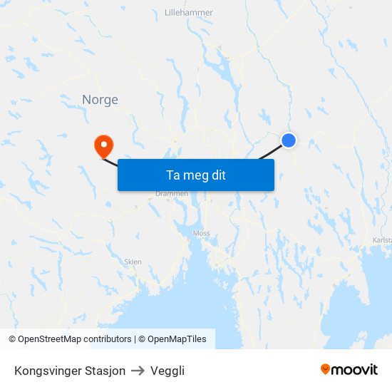 Kongsvinger Stasjon to Veggli map