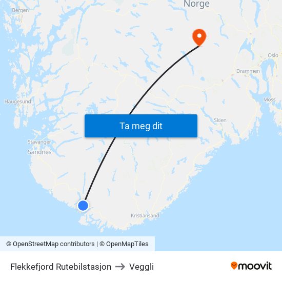 Flekkefjord Rutebilstasjon to Veggli map