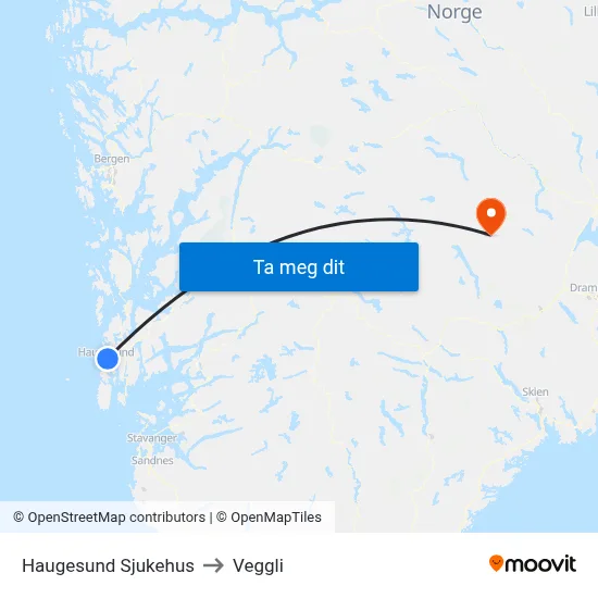 Haugesund Sjukehus to Veggli map
