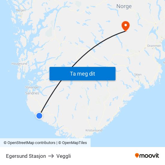 Egersund Stasjon to Veggli map