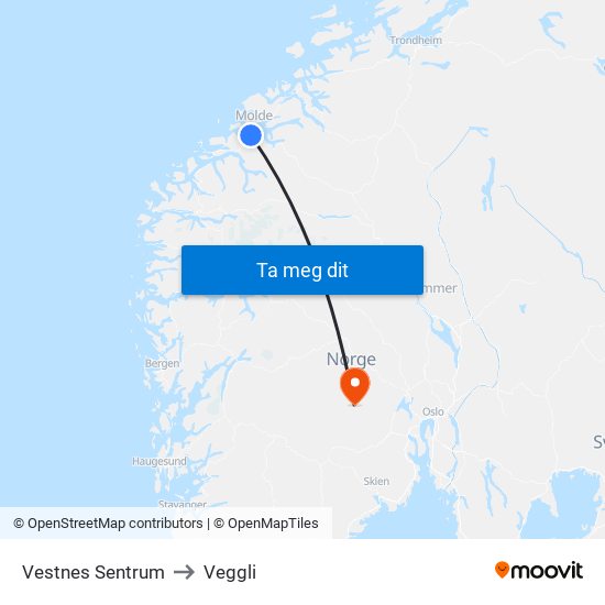 Vestnes Sentrum to Veggli map