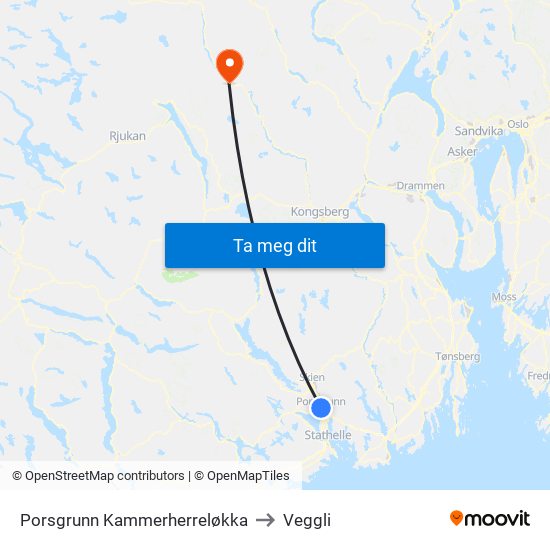 Porsgrunn Kammerherreløkka to Veggli map