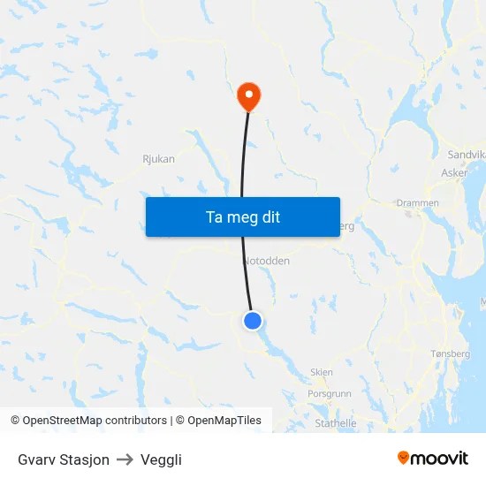 Gvarv Stasjon to Veggli map