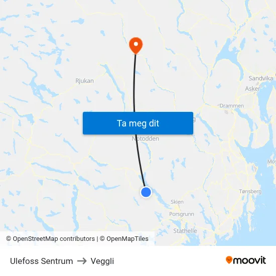 Ulefoss Sentrum to Veggli map