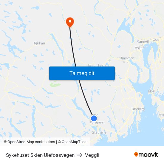 Sykehuset Skien Ulefossvegen to Veggli map