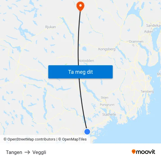 Tangen to Veggli map