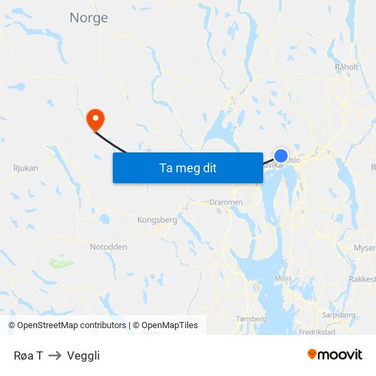Røa T to Veggli map