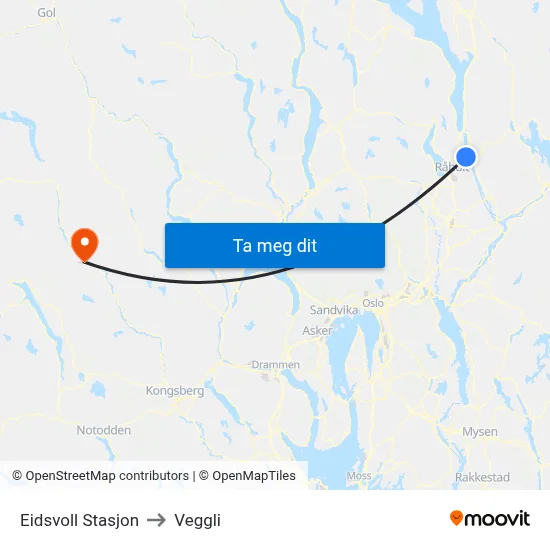 Eidsvoll Stasjon to Veggli map