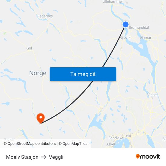Moelv Stasjon to Veggli map