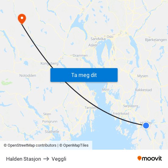 Halden Stasjon to Veggli map