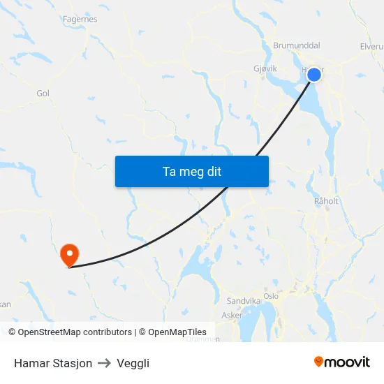 Hamar Stasjon to Veggli map