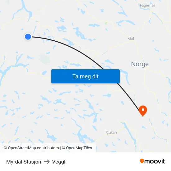 Myrdal Stasjon to Veggli map