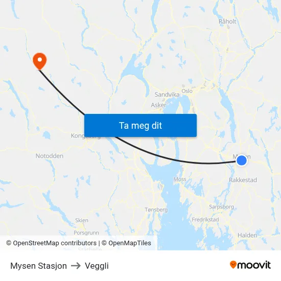 Mysen Stasjon to Veggli map